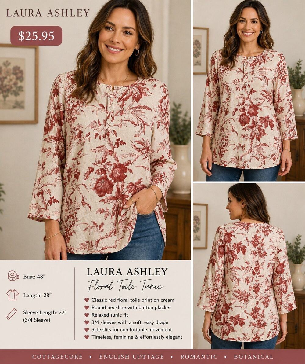 Laura Ashley Floral Toile Tunic Blouse Red Cream Long Sleeve Cottagecore XL